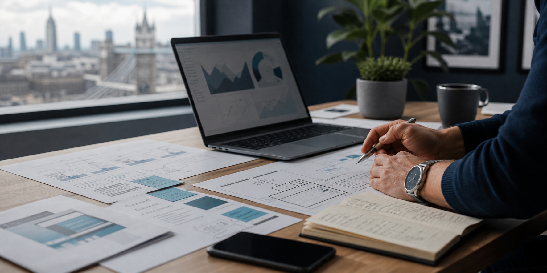 A search engine optimization audit workspace with analytics, planning notes and technical page outlines